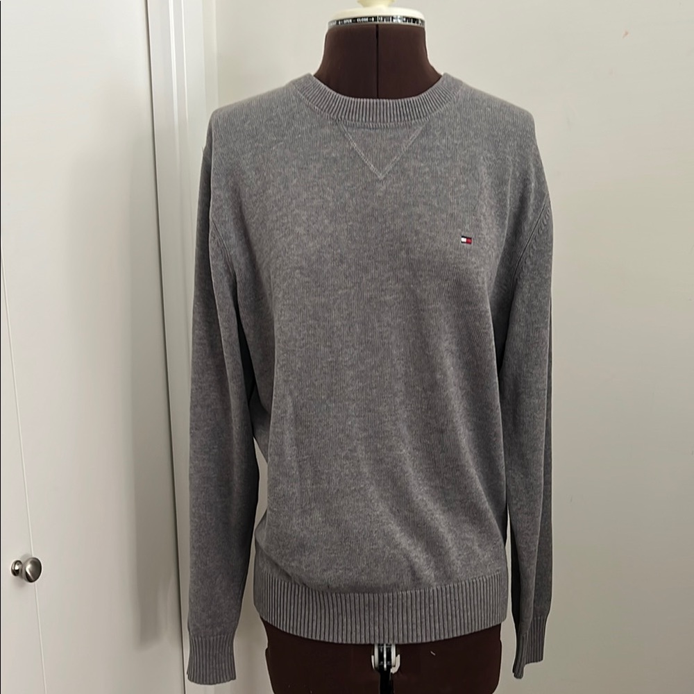 Men's Gray Sweater Cotton Crew Neck Sweatshirt Cotton Breathable Knit - Picture 2 of 11